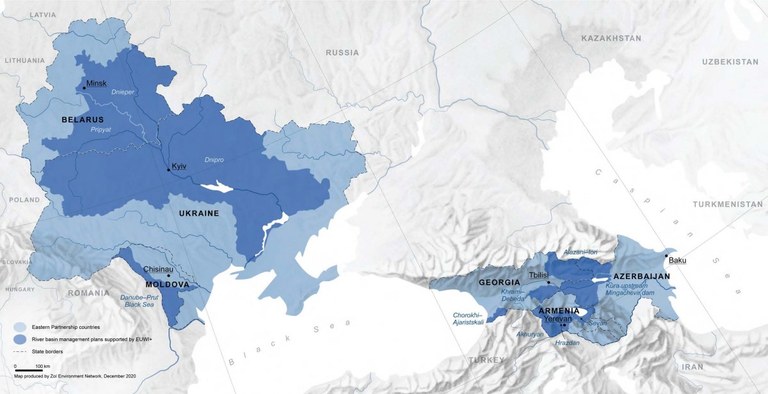 EUWI+ project - Map of the pilot river basins in the 6 Eastern Partnership Countries – source: the International Office for Water in France, OiEau